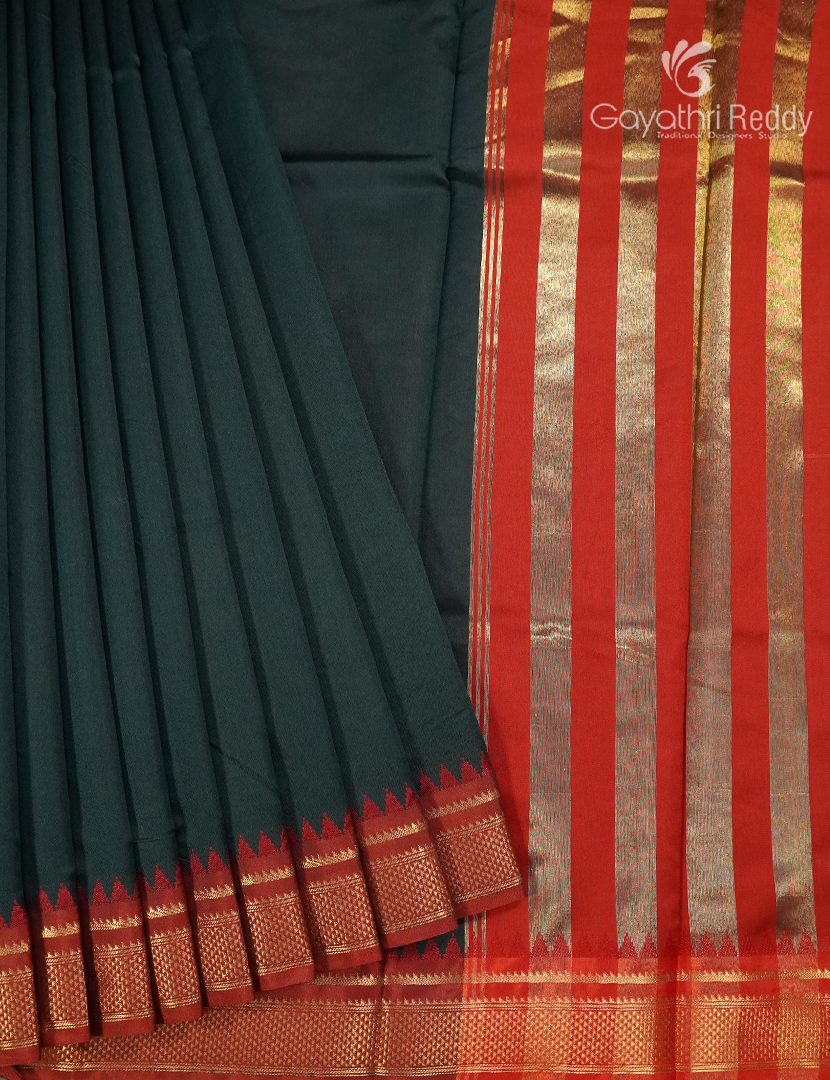 Semi Kanchipuram Art Silk Saree in Deep Bottle Green and Red