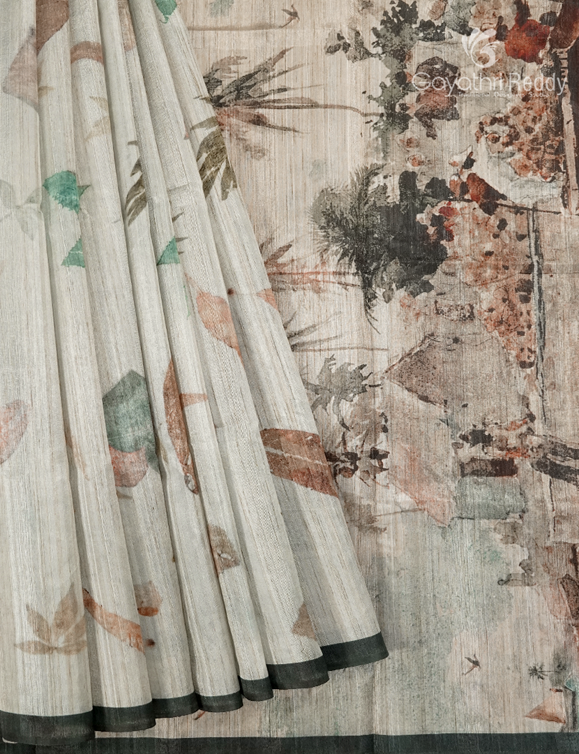Semi Tussar Saree in Cream and Moss Green