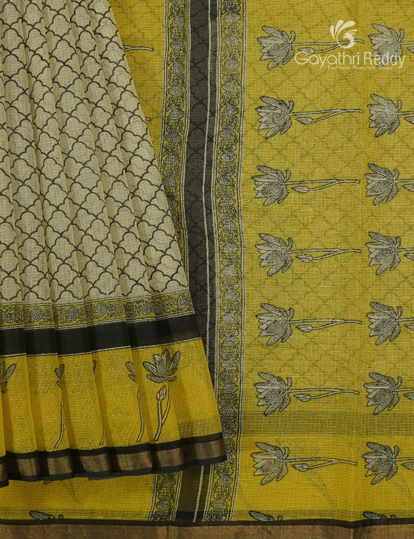Premium Quality Cotton Kota Saree in Beige and Yellow