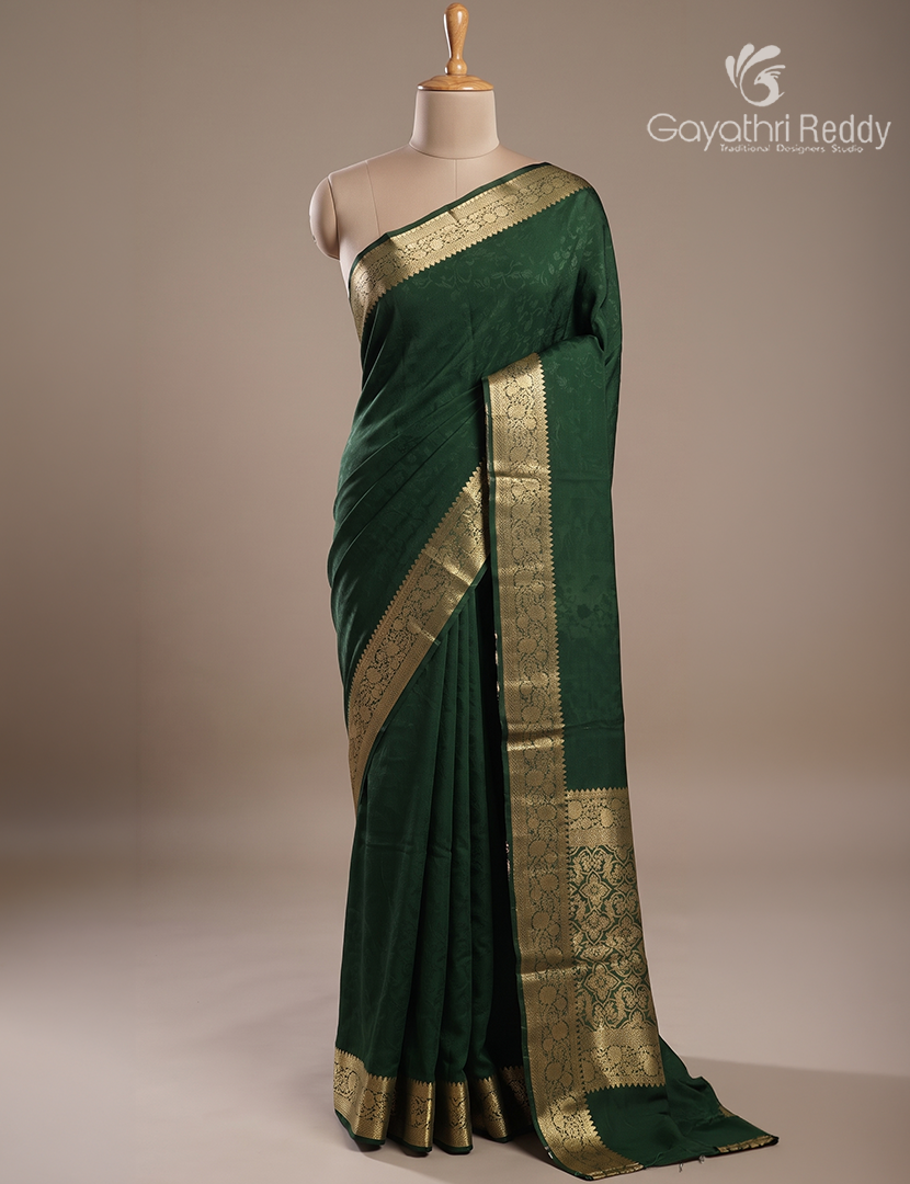 Semi Mysore Crepe Saree in Bottle Green