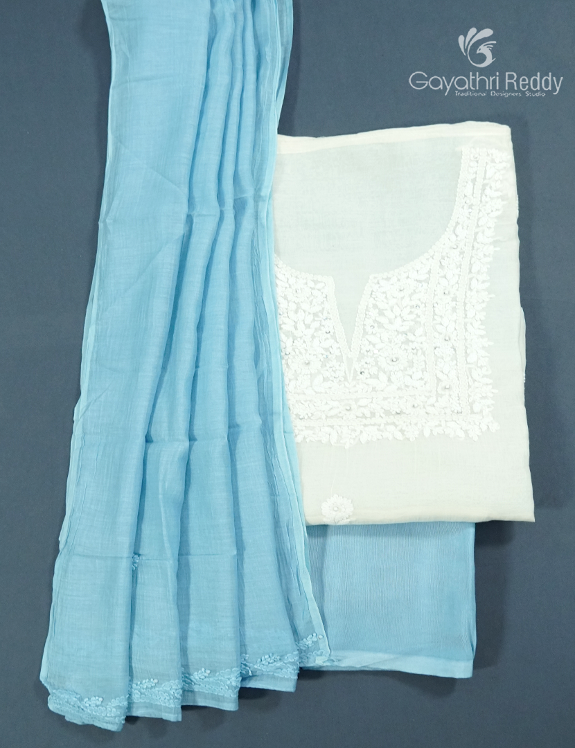 Dress Material 3 Piece Set in Cream and Sky Blue