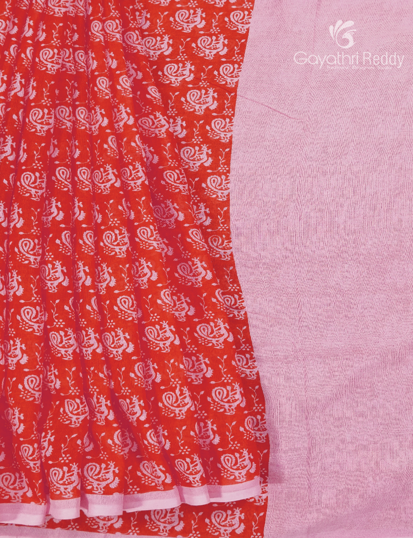 Munga Cotton Saree in Orange and Baby Pink