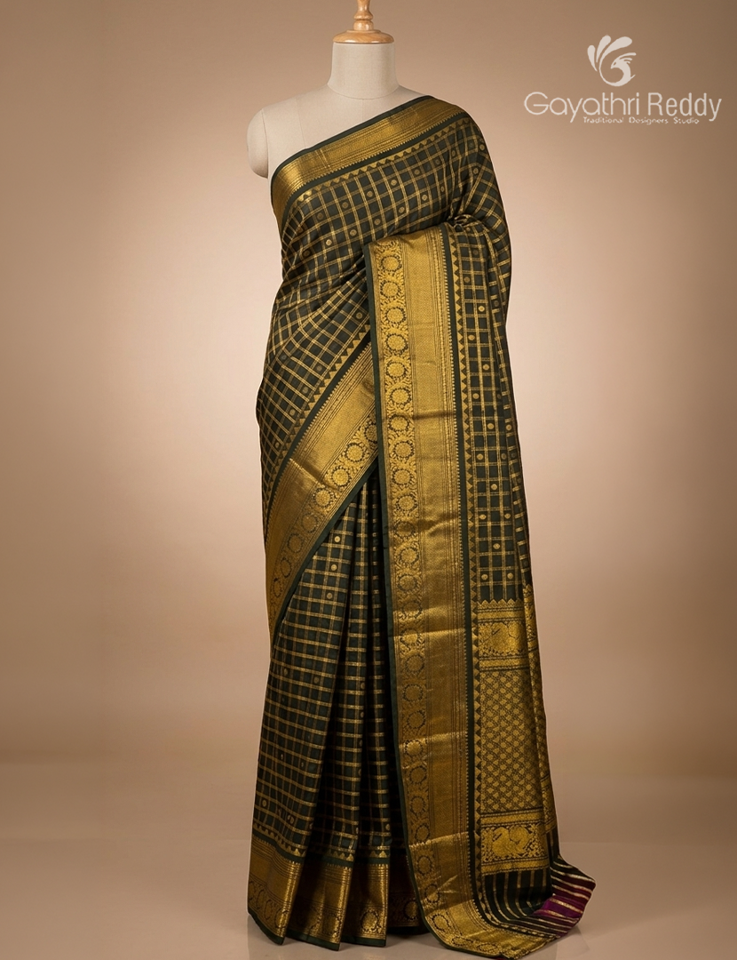 Pure Gadwal Silk Saree in Deep Olive Green