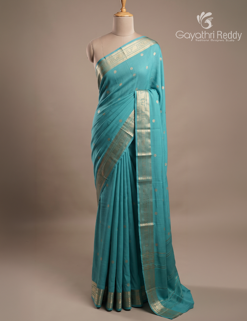 Semi Mysore Crepe Saree in Teal Blue
