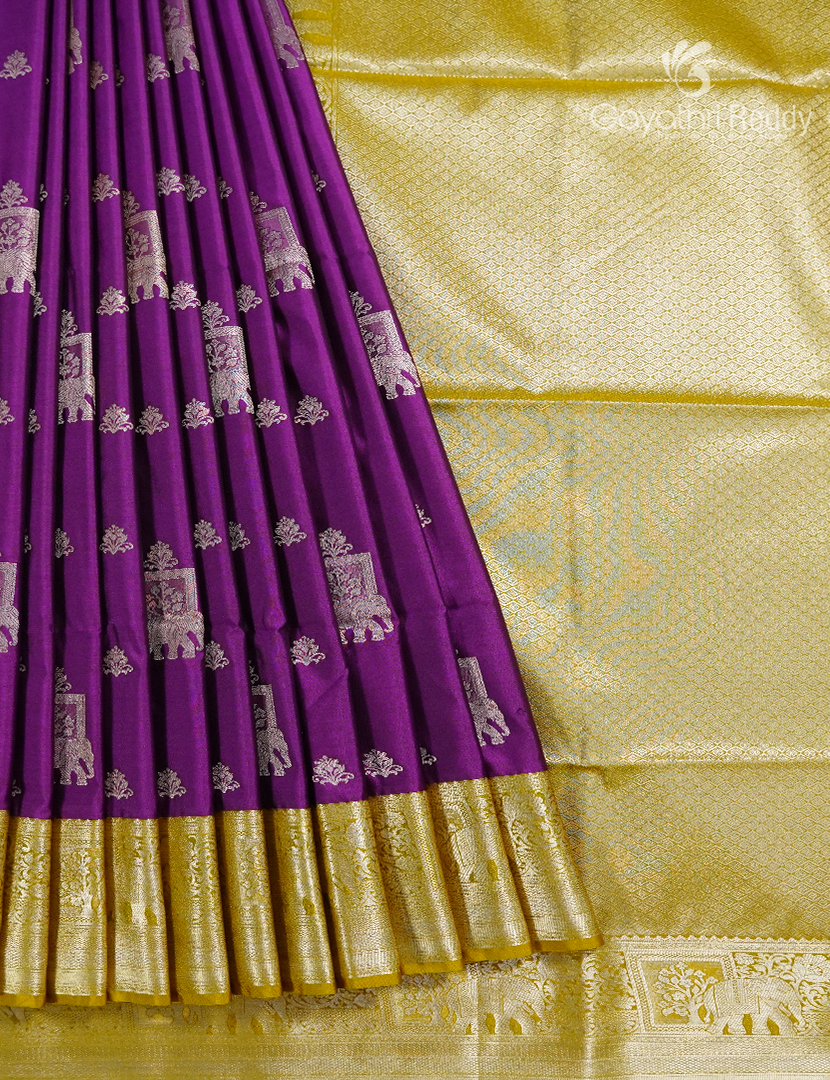 Soft Silk Saree in Deep Purple and Dry Mehendi