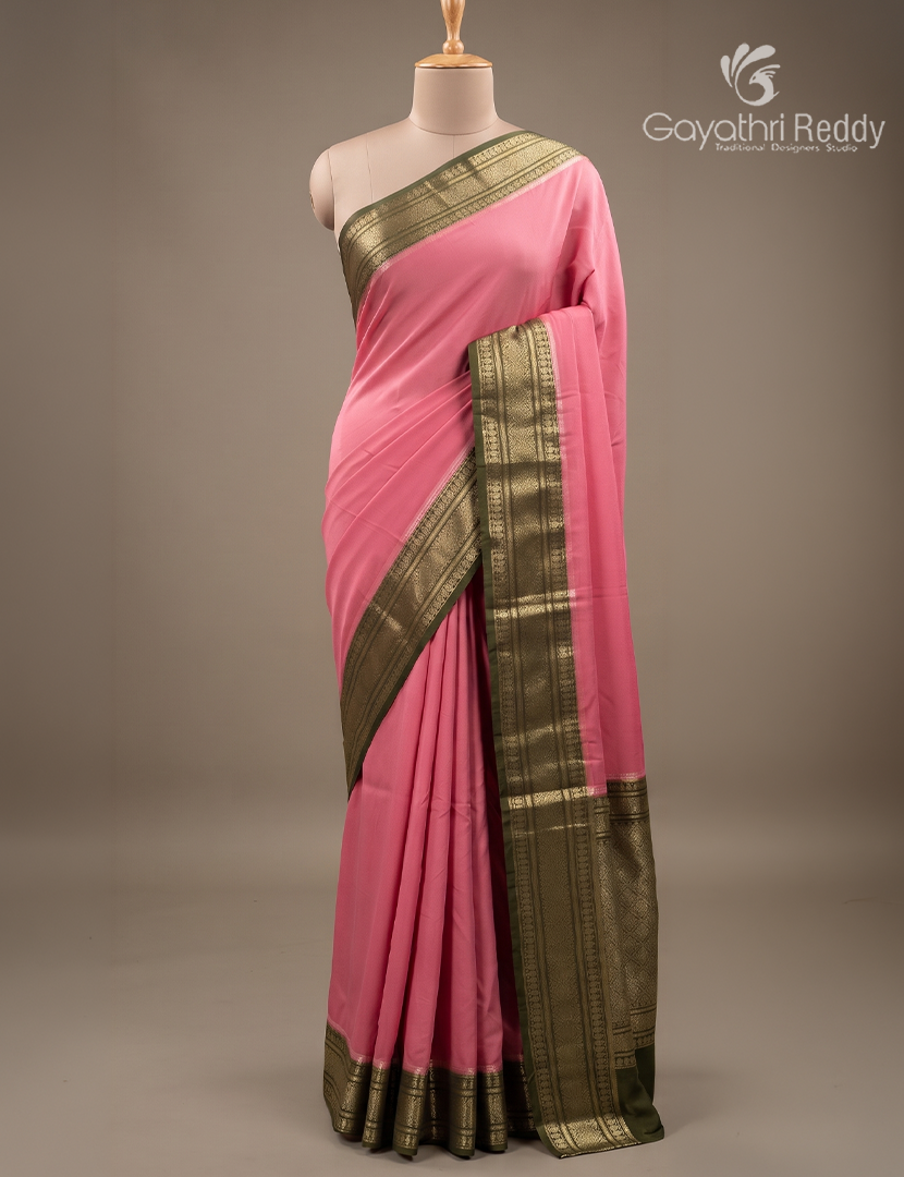 Semi Mysore Crepe Saree in Baby Pink and Bottle Green