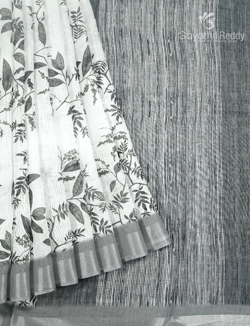 Linen Silk Saree in White and Black