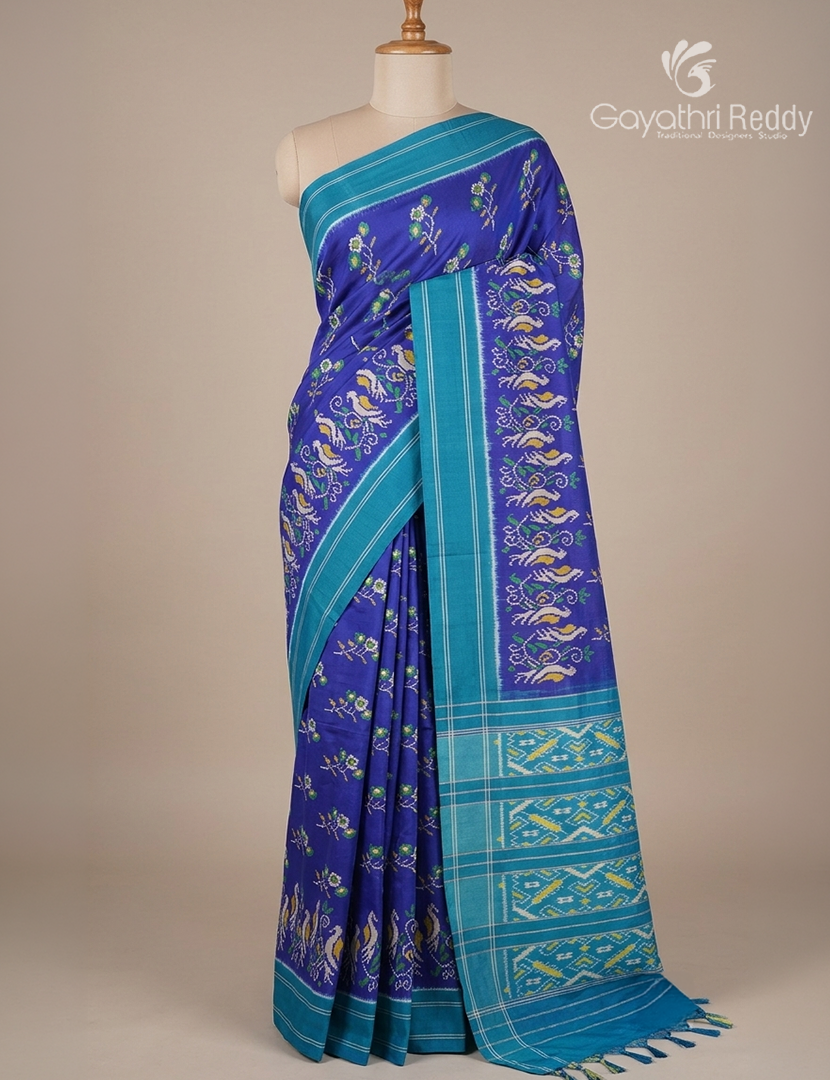Pure Ikat Silk Saree in Deep Blue and Sky Blue
