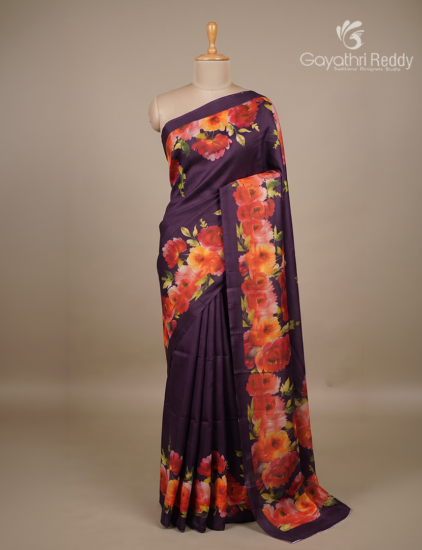 Pure Dupion Digital Print Saree in Deep Violet