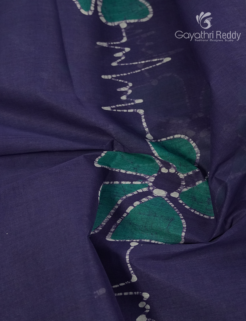 Cotton Batik Print Saree in Navy blue and Sea green