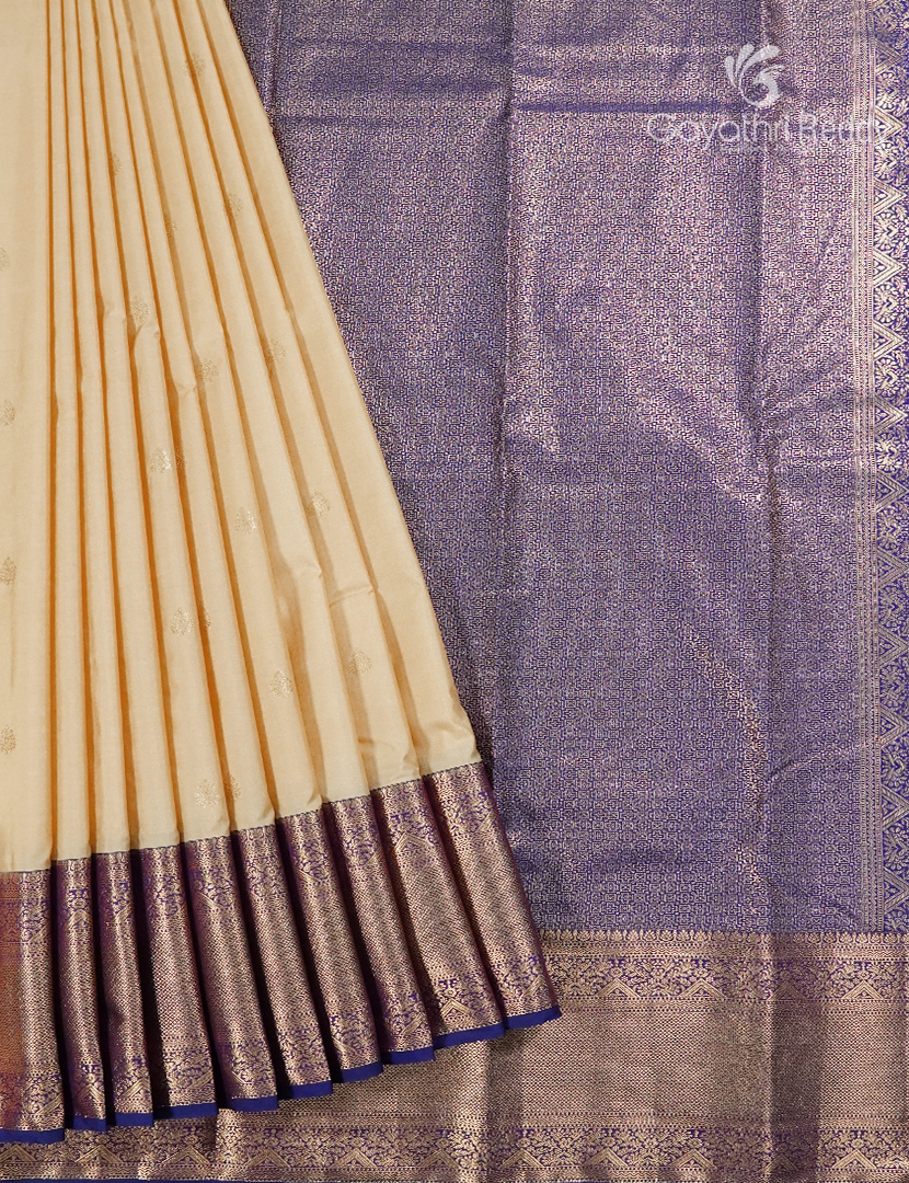 Semi Kanchipuram Silk Saree in Golden Cream and Navy Blue