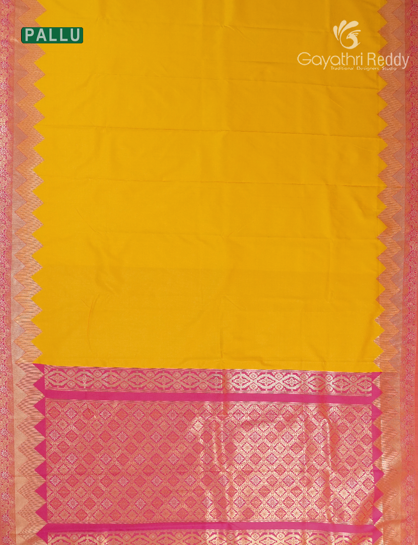 Semi Kanchipuran Silk Saree in Yellow and Rani Pink