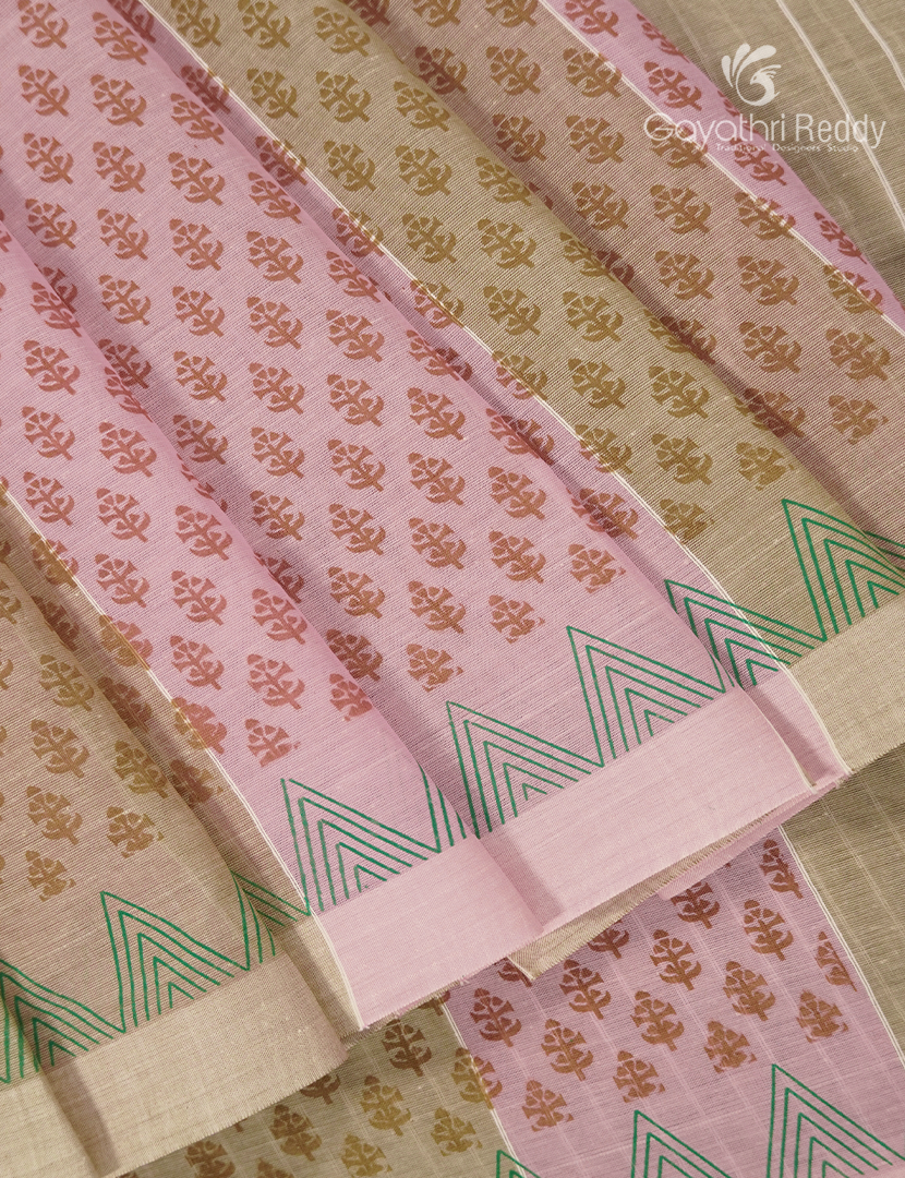 Pure Kanchi Cotton Printed Saree in Baby Pink and Lime Green