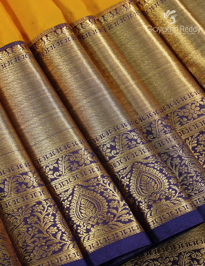 Semi Kanchipuram Silk Saree in Deep Yellow and Deep Purple