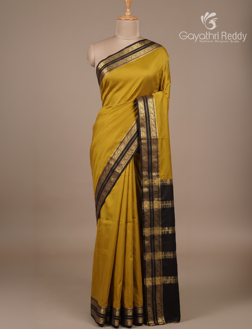 Pure Mysore Silk Saree in Golden Beige and Deep Brown