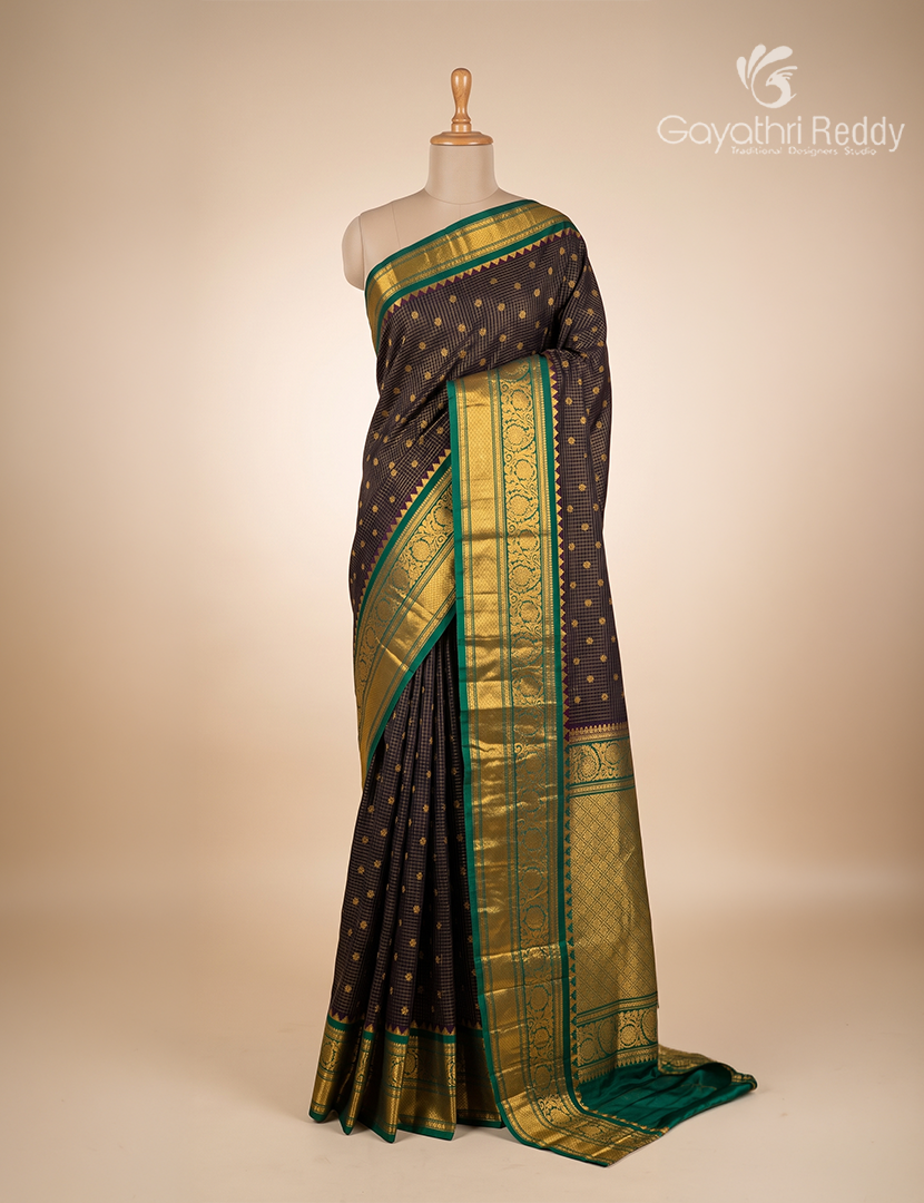 Pure Gadwal Silk Saree in Deep Brown and Bottle Green