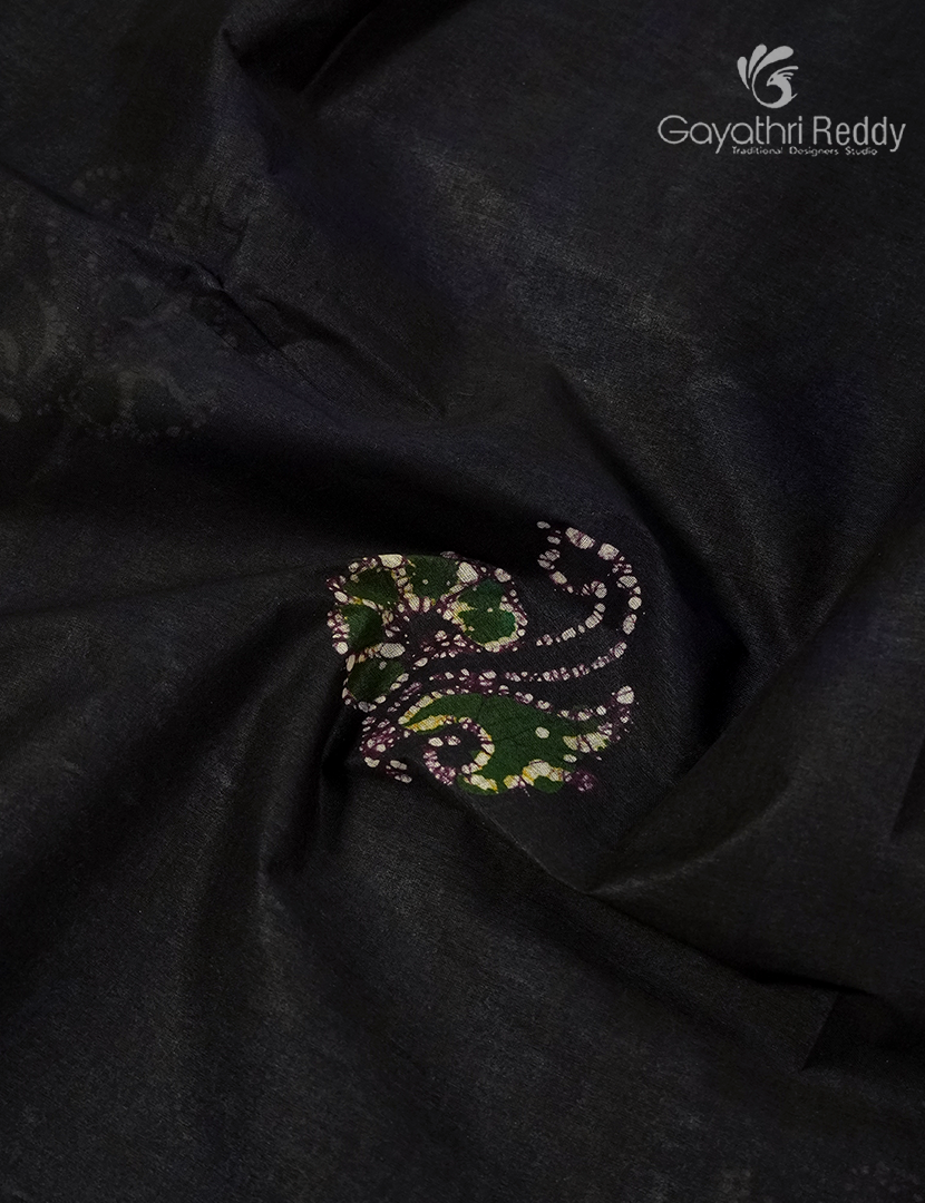Cotton Batik Print Saree in Deep Black