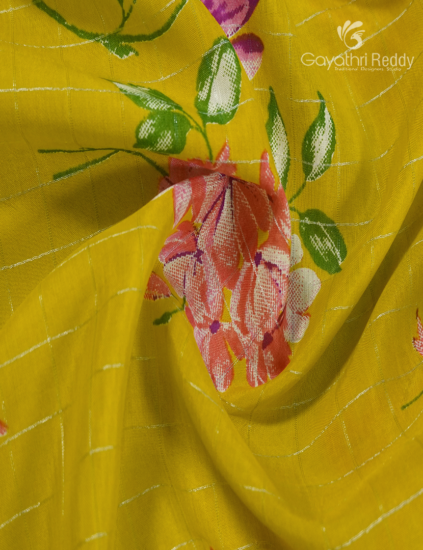 Mangalgiri Printed Saree in Yellow , Peach Pink and Mango Green