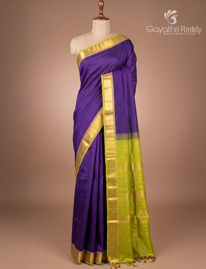 Pure Arani Sico Saree in Deep Violet and Lime Green