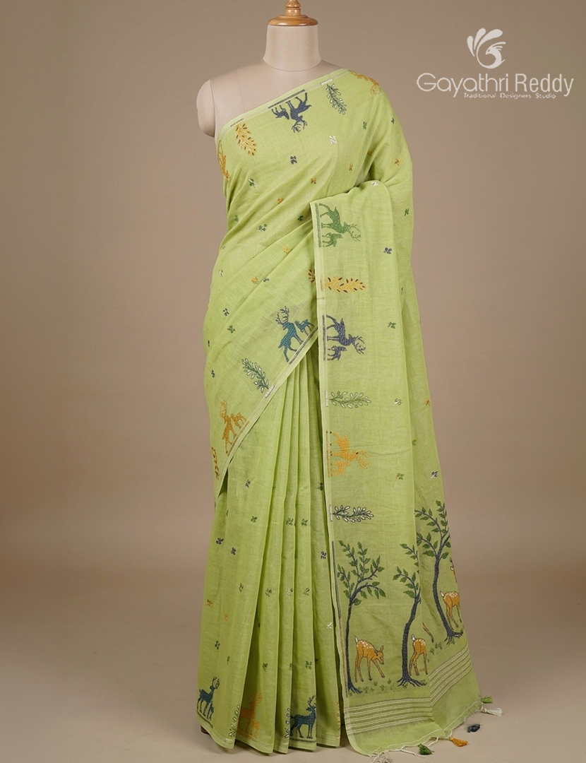 Jamdani Cotton Saree in Light Olive Green