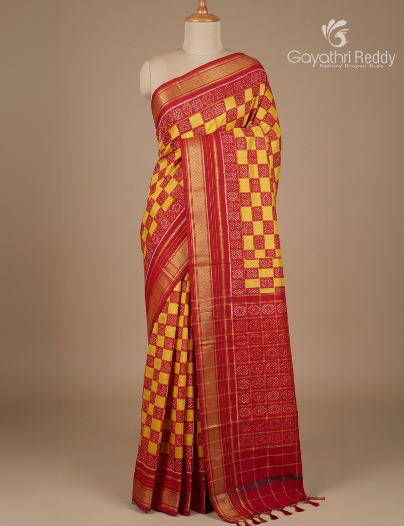 Pure Ikat Silk Saree in Yellow and Pink