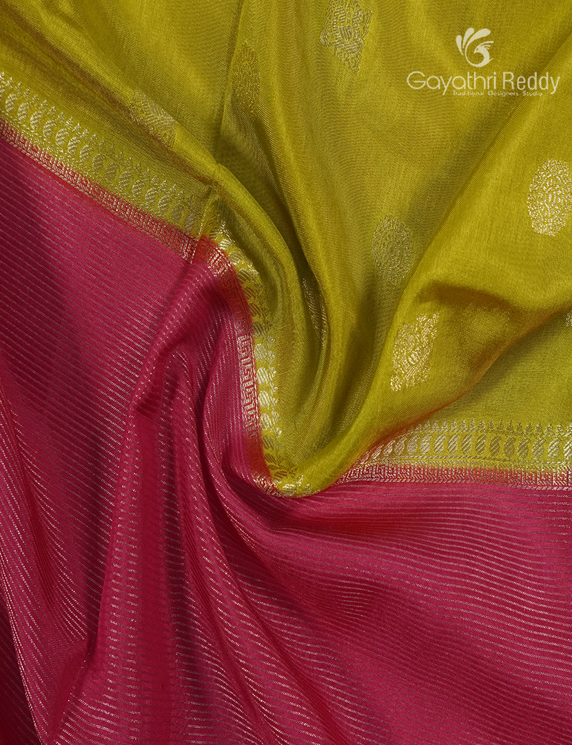 Semi Mysore Crepe Saree in Lime Green and Rose Pink