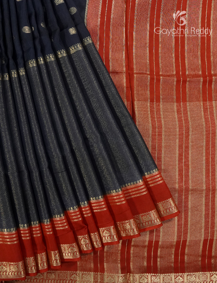 Semi Mysore Crepe Saree in Navy Blue and Red