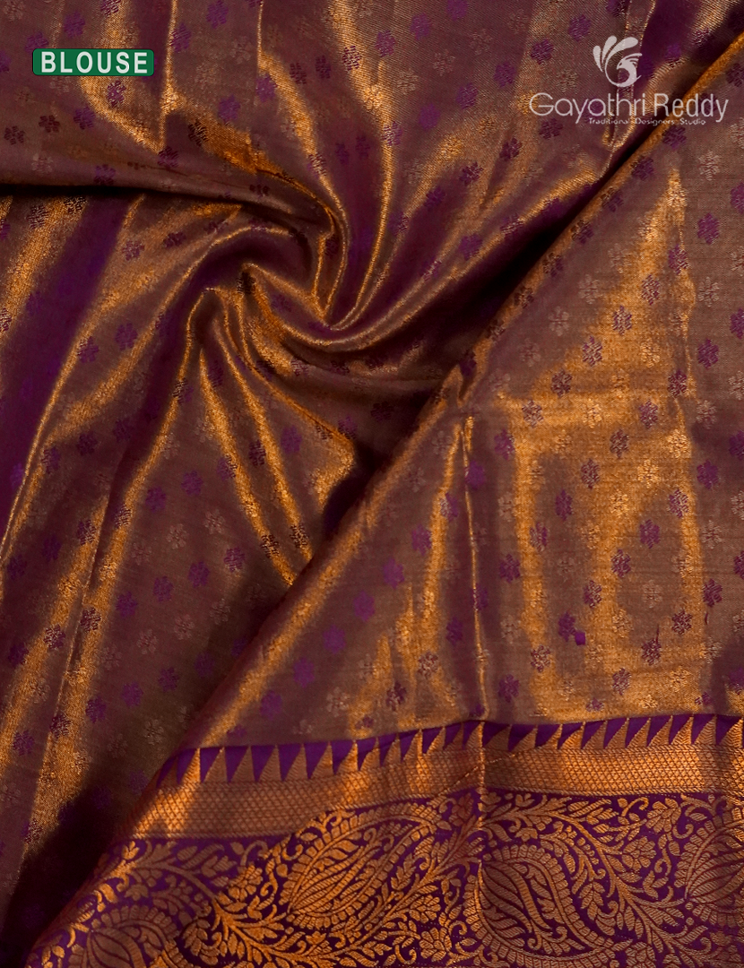 Semi Kanchipuram Silk Saree in Antique Ivory and Plum