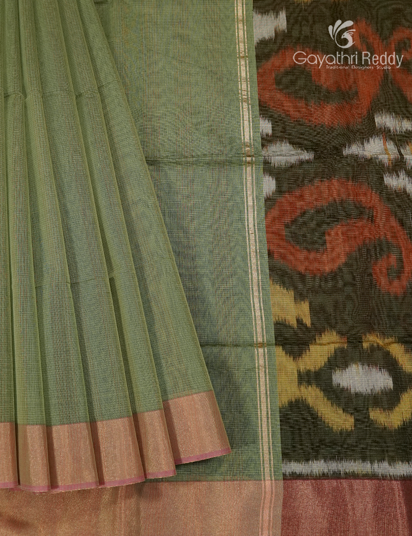 Semi Ikat Sico Saree in Pista Green