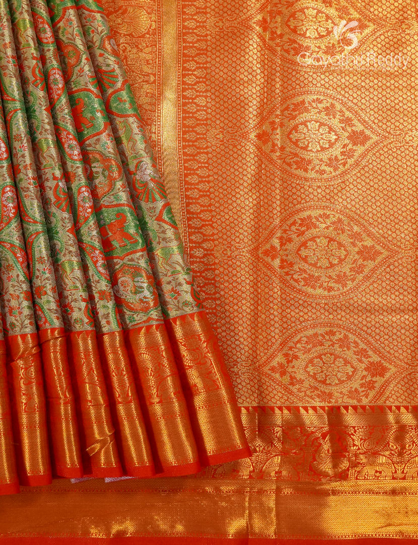 Semi Kanchipuram Silk Saree in Antique Gold and Red