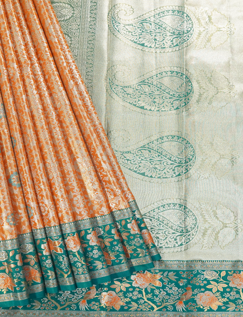 Semi Kanchipuram Silk Saree in Orange and Rama Green