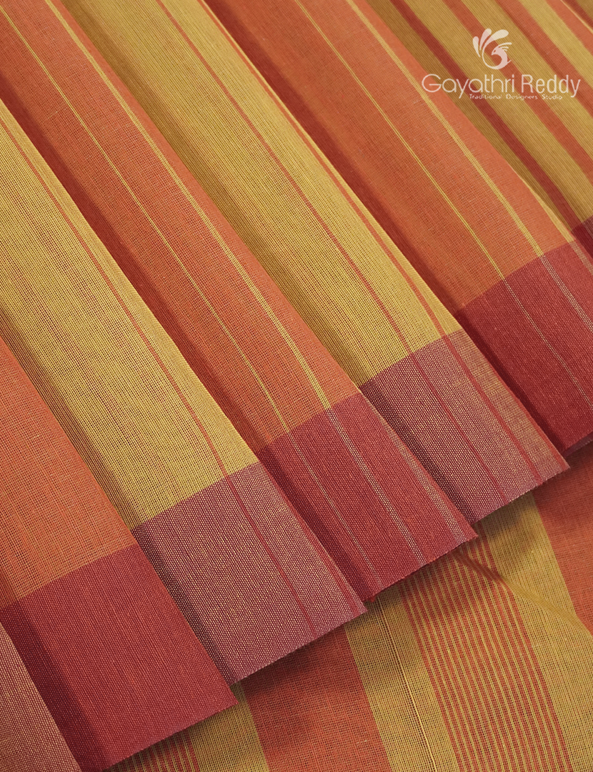 Pure Handloom Cotton Saree in Orange and Mustard