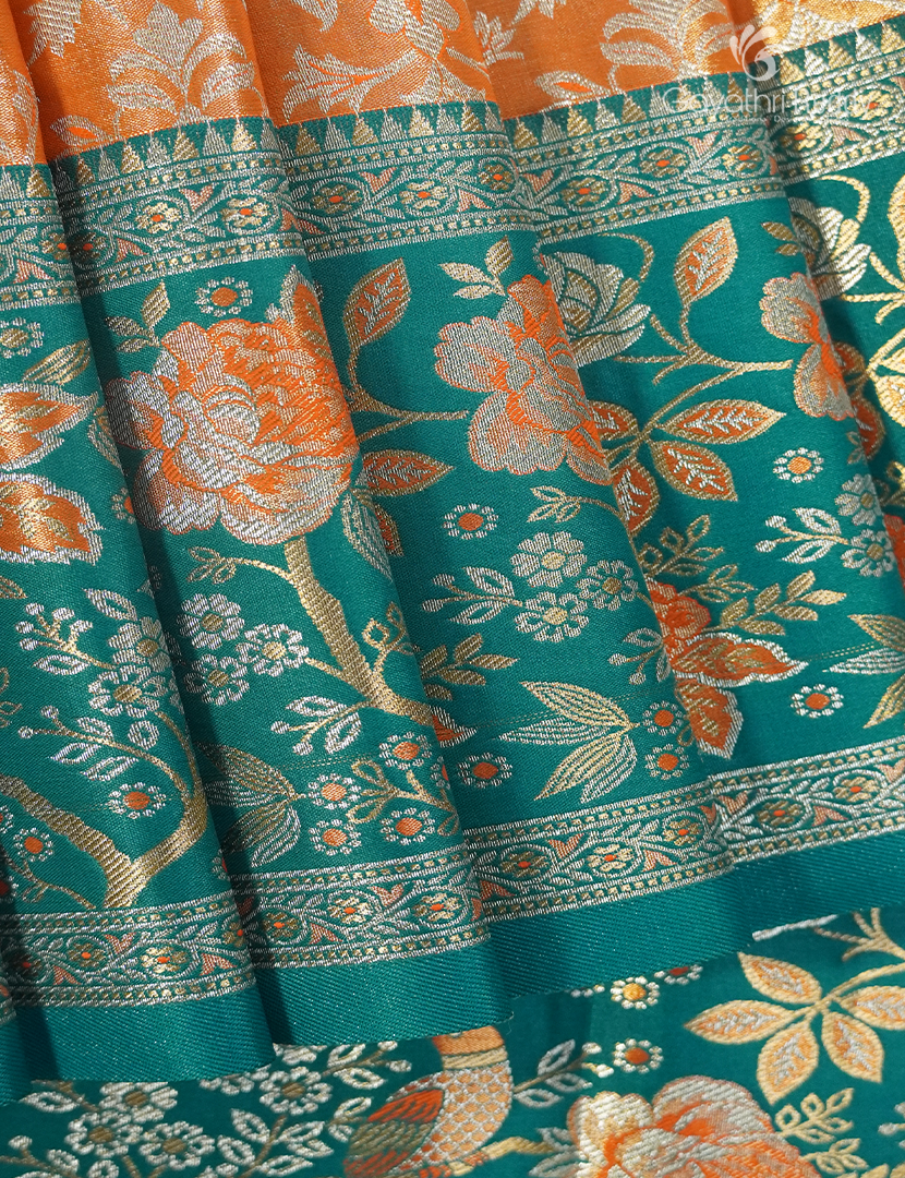 Semi Kanchipuram Silk Saree in Orange and Rama Green
