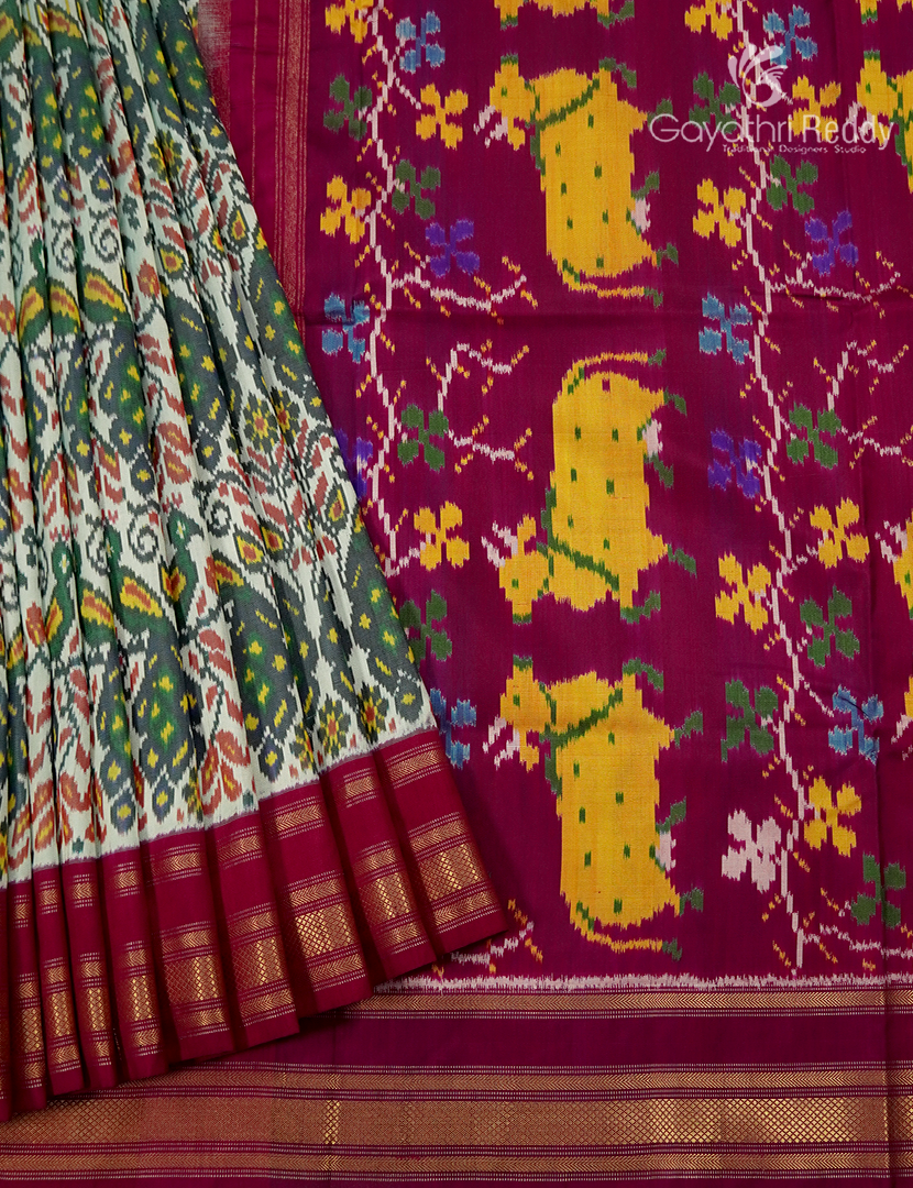 Pure Ikat Silk Saree in Pista Green and Deep Pink