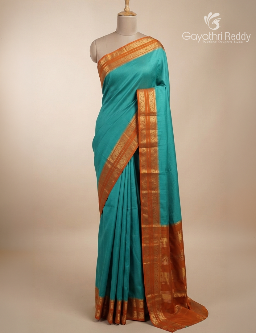 Pure Mysore Silk Saree in Sea Green and Orange