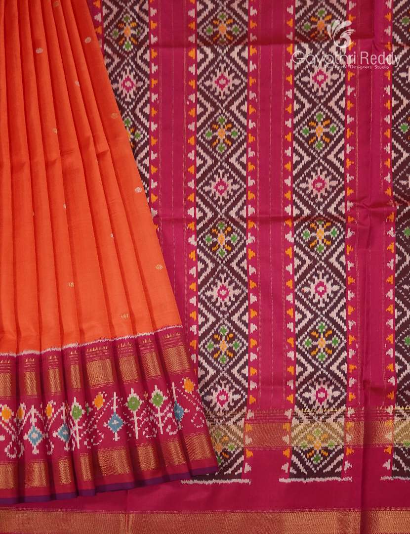 Pure Ikat Silk Saree in Orange and Rani Pink