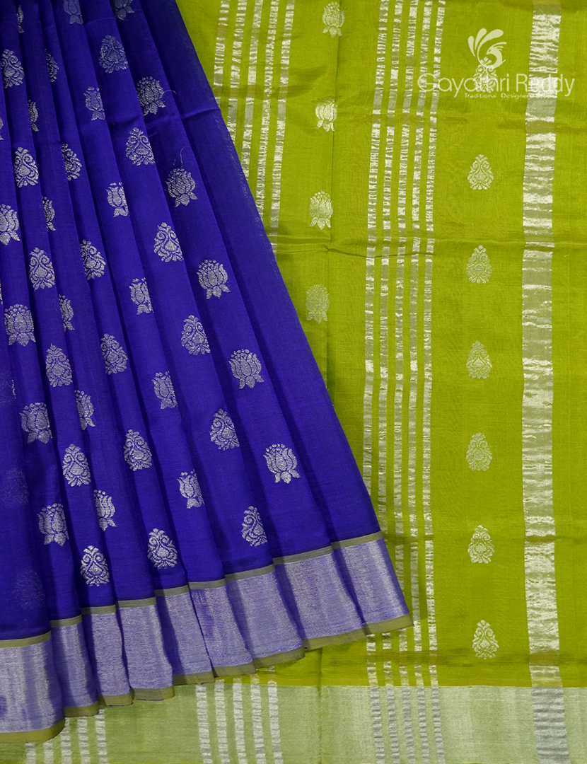 Pure Arani Sico Saree in Deep Blue and Parrot Green