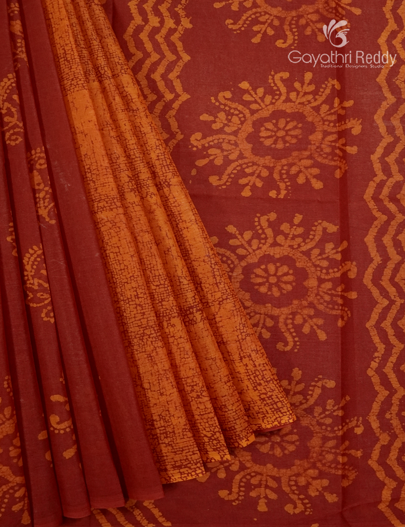 Cotton Batik Print Saree in Bridal Red and Orange