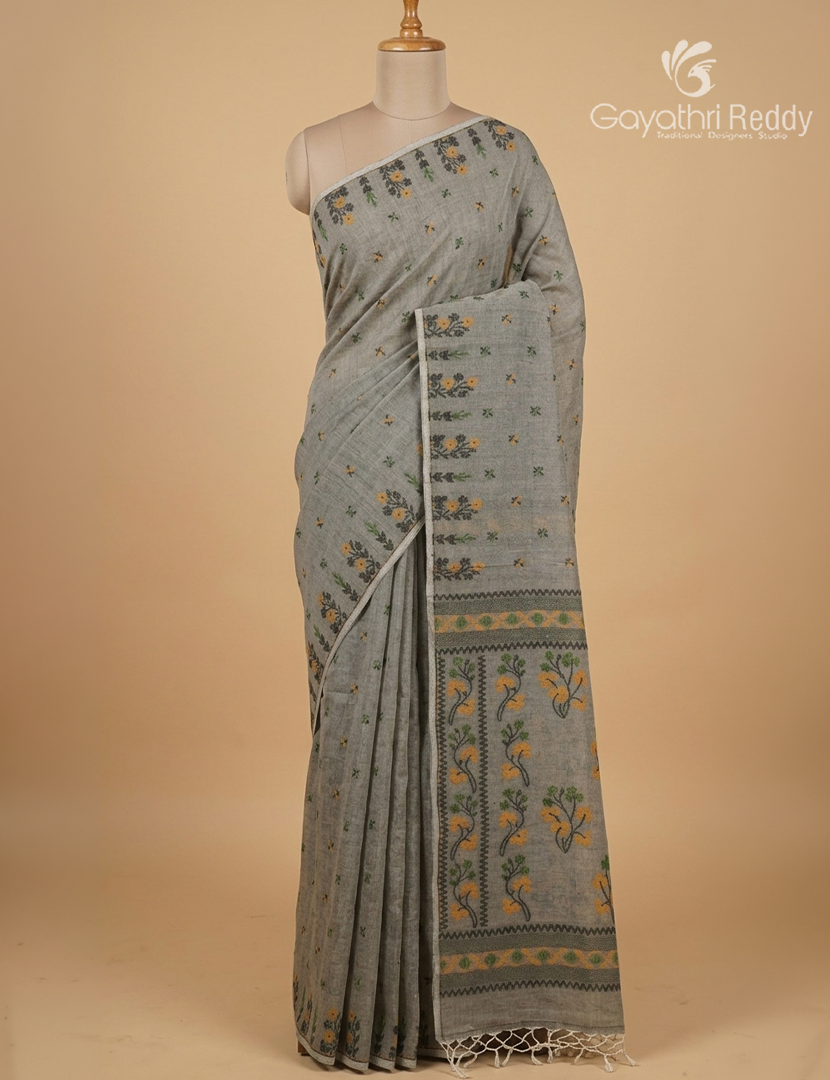 Jamdani Cotton Saree in Ash Grey