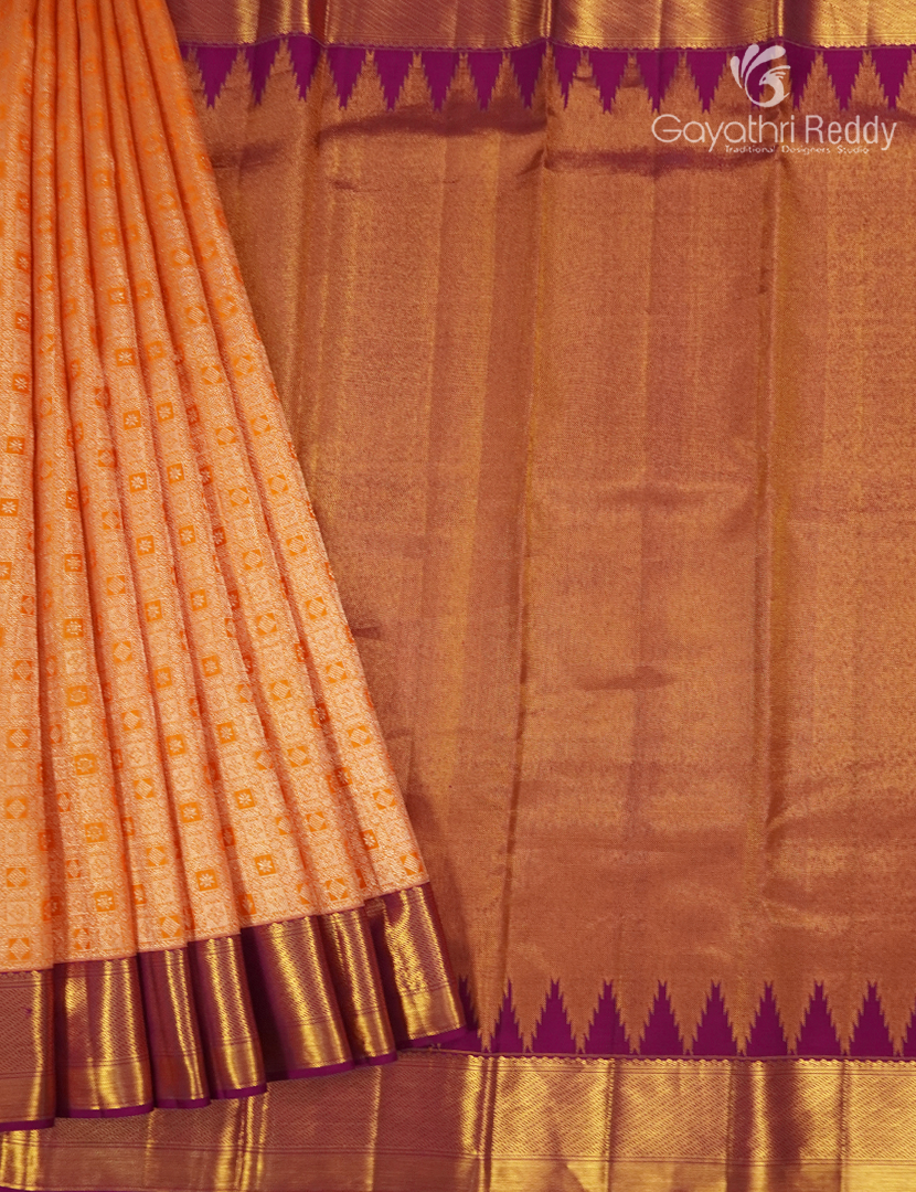 Pure Kanchipuram Bridal Silk Saree in Tangarine and Magenta