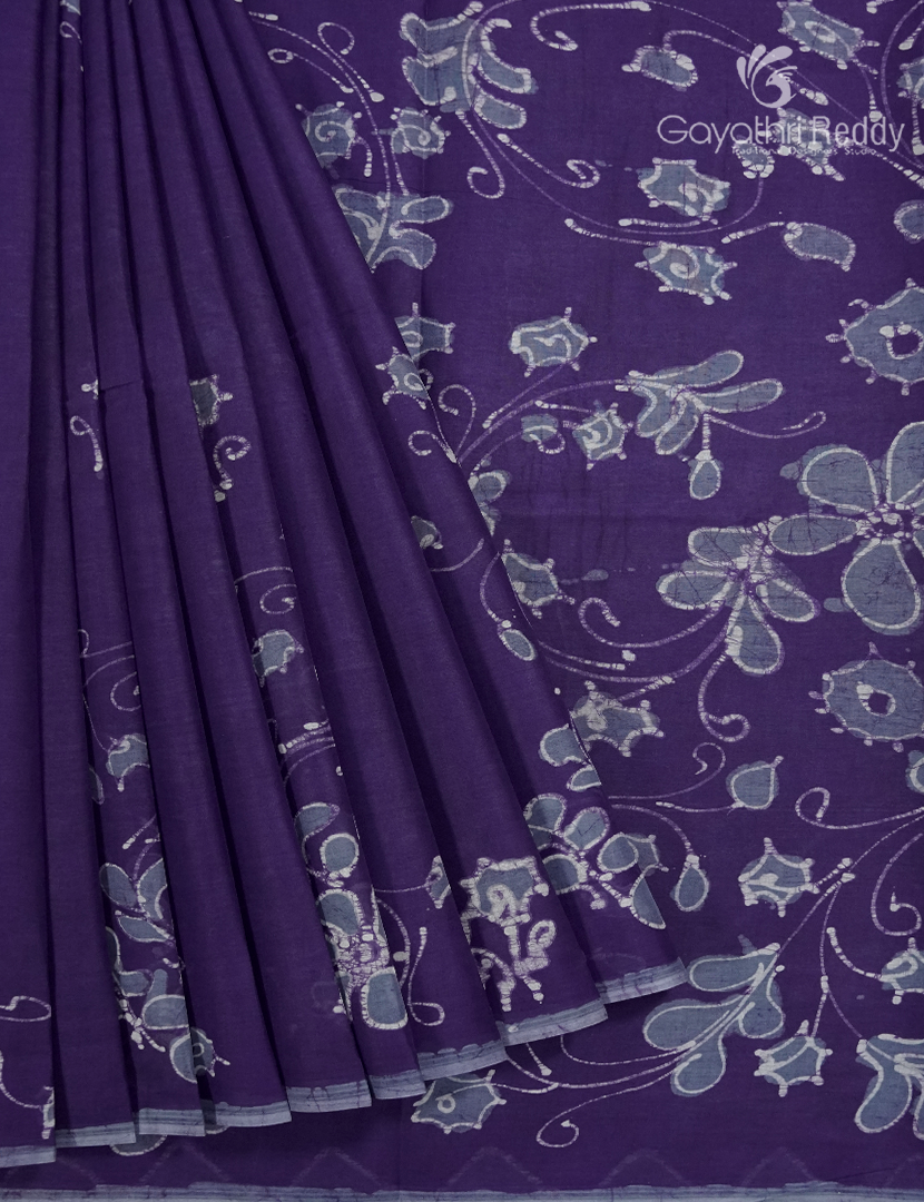 Cotton Batik Print Saree in Violet