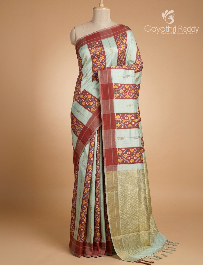 Pure Ikat Silk Saree in Cream and Rust Orange