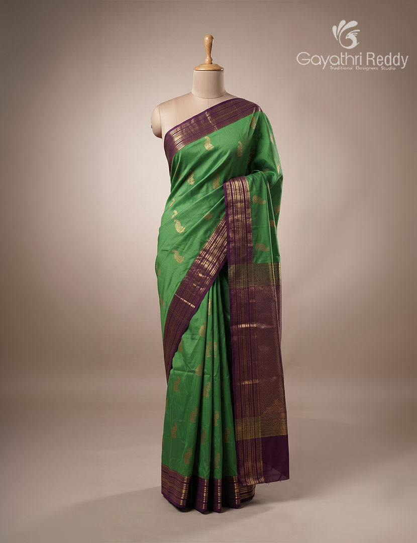 Semi Kanchipuram Silk Saree in Deep Sage Green and Deep Violet