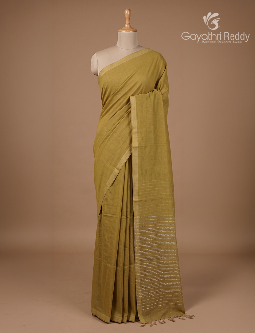Pure Handloom Cotton Saree in Dry Mehendi
