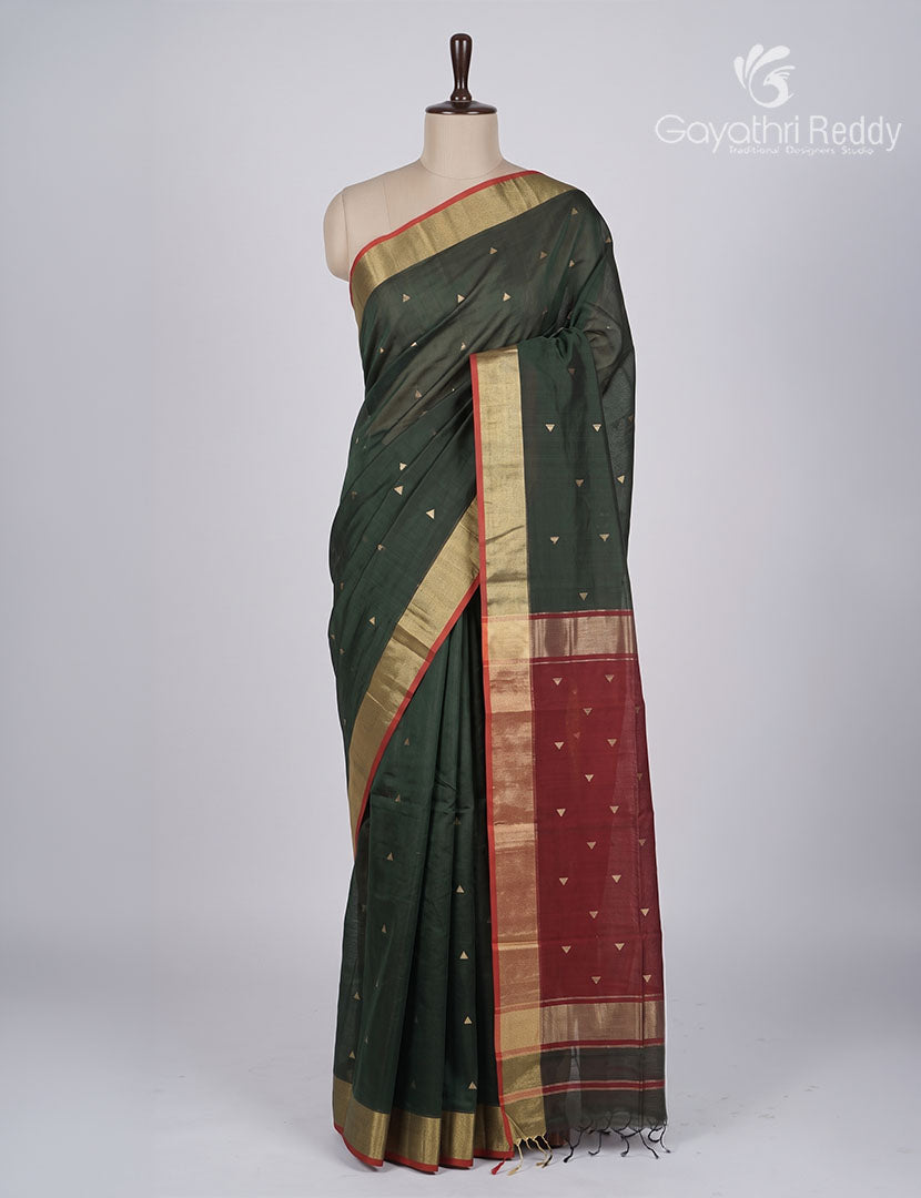 Pure Chanderi Sico Saree in Deep Olive Green and Deep Red