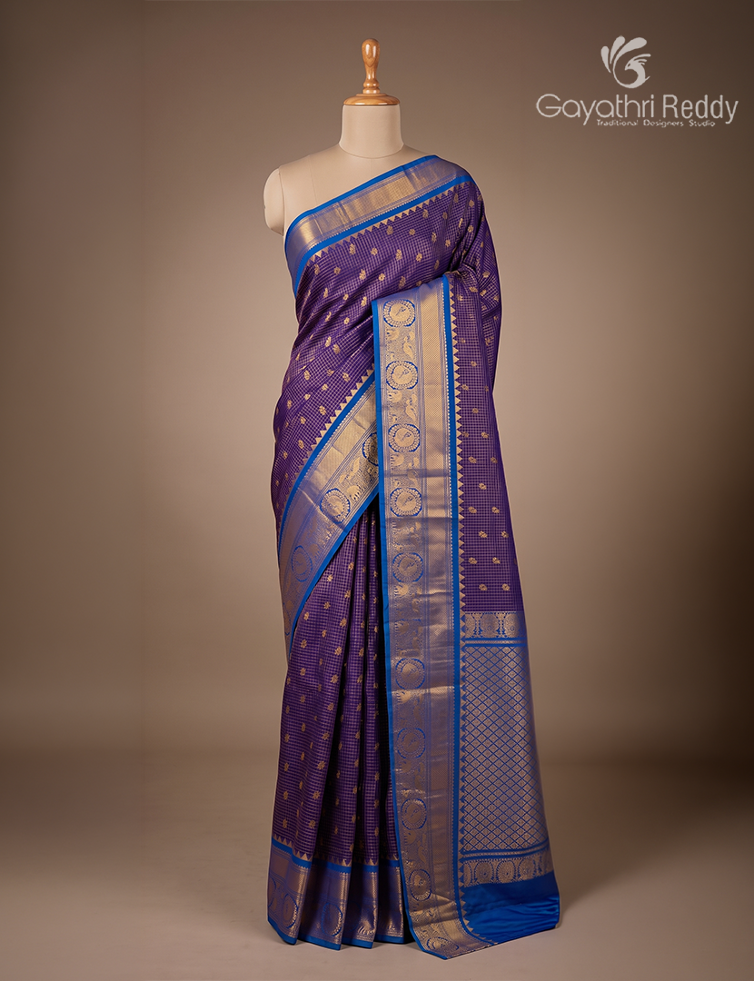 Pure Gadwal Silk Saree in Violet and Blue