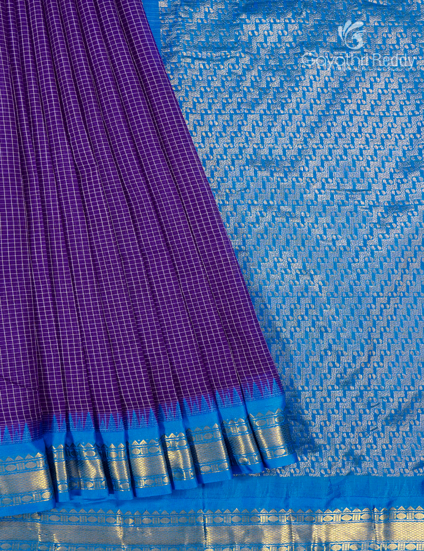 Pure Gadwal Cotton Saree in Deep Purple and Sky Blue
