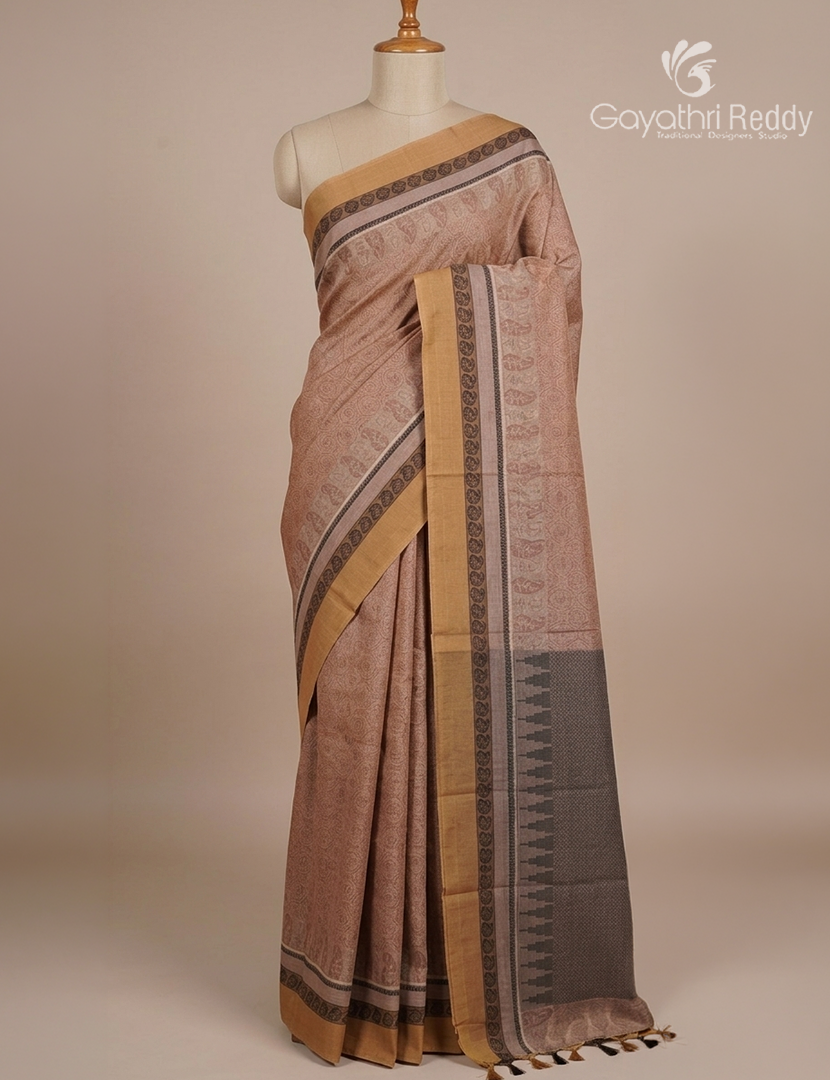 Pure Kanchi Cotton Saree in Khakhi Green