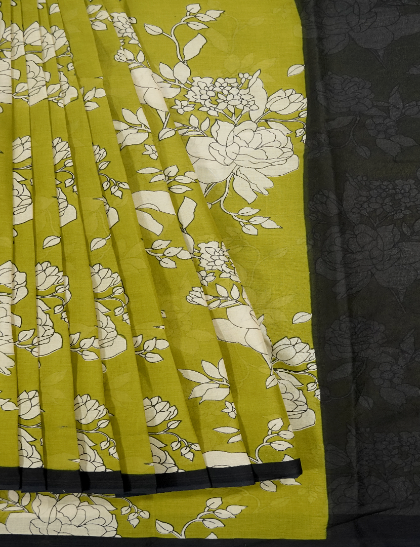 Pure MulMul Cotton Saree in Henna Green and Black