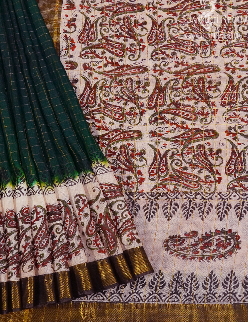 Mangalgiri Kalamkari Saree in Bottle Green